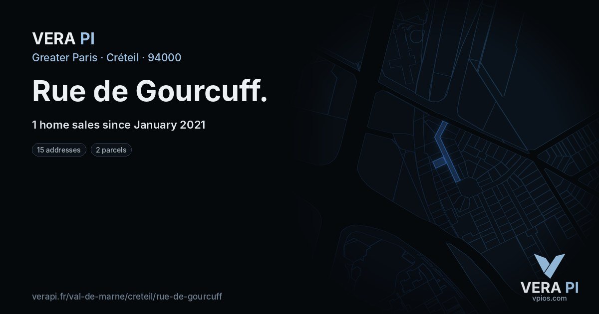 Rue de Gourcuff, Créteil at night – every parcel coloured by the prices around it, the street's own parcels lit
