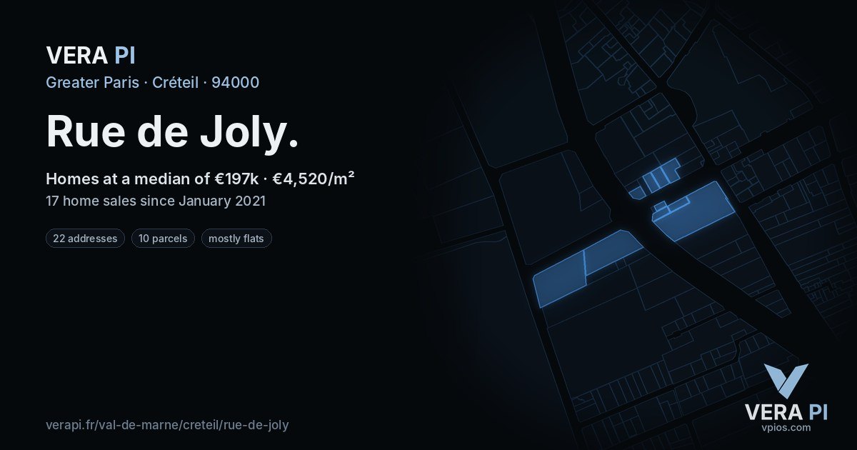 Rue de Joly, Créteil at night – every parcel coloured by the prices around it, the street's own parcels lit