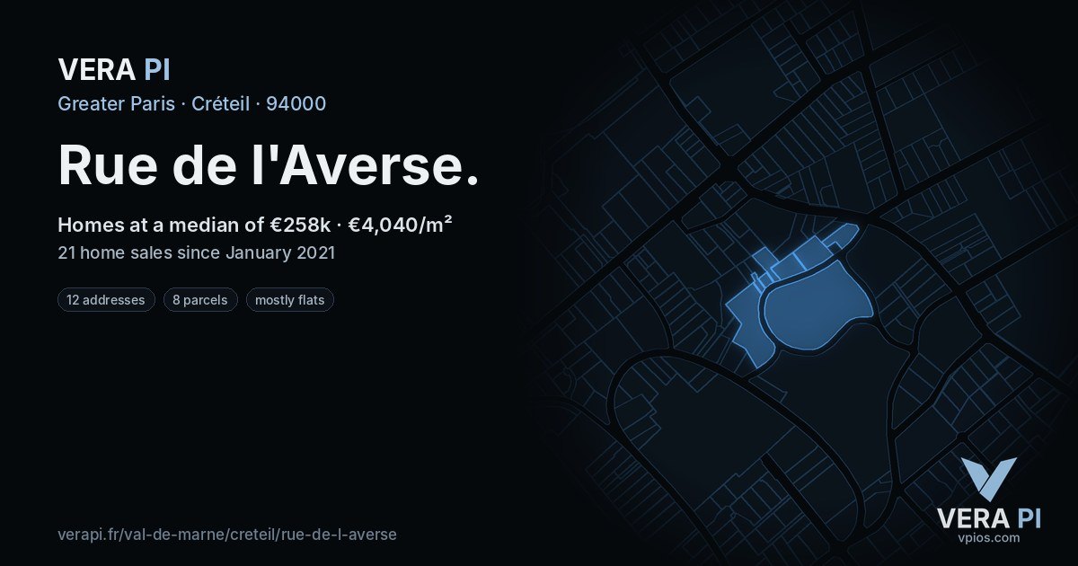 Rue de l'Averse, Créteil at night – every parcel coloured by the prices around it, the street's own parcels lit