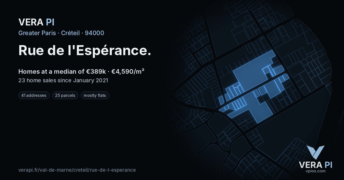 Rue de l'Espérance, Créteil at night – every parcel coloured by the prices around it, the street's own parcels lit