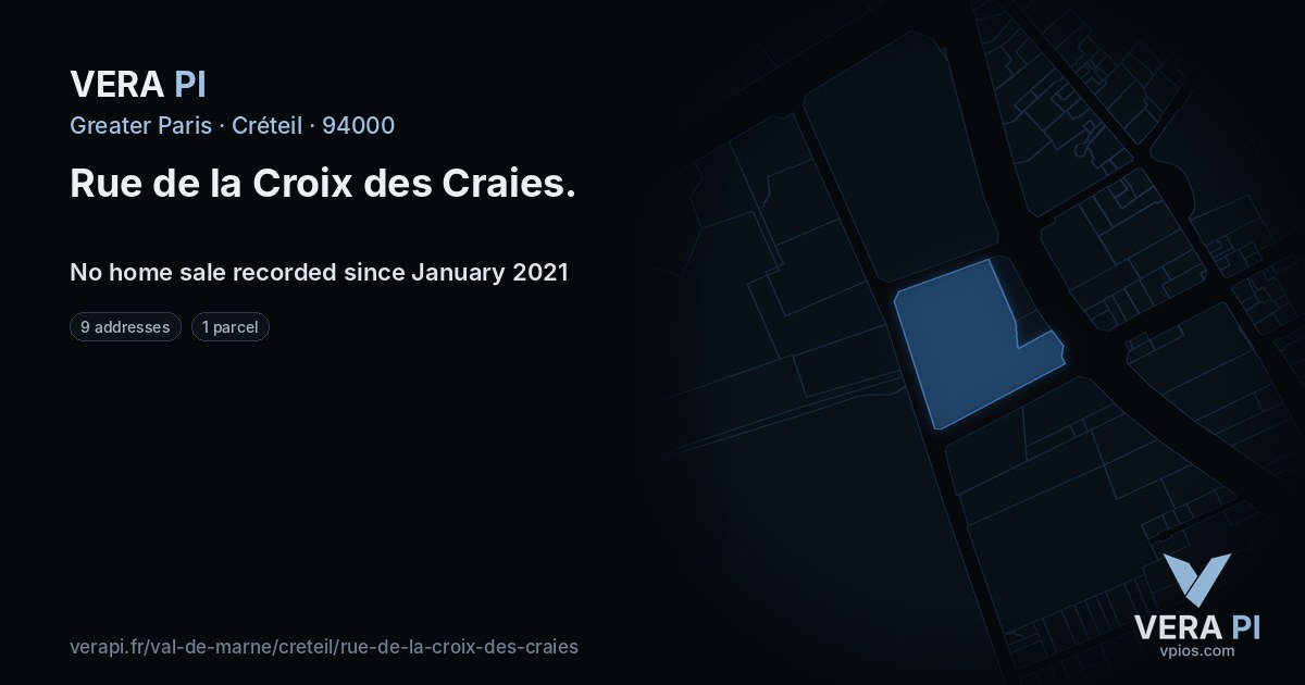 Rue de la Croix des Craies, Créteil at night – every parcel coloured by the prices around it, the street's own parcels lit