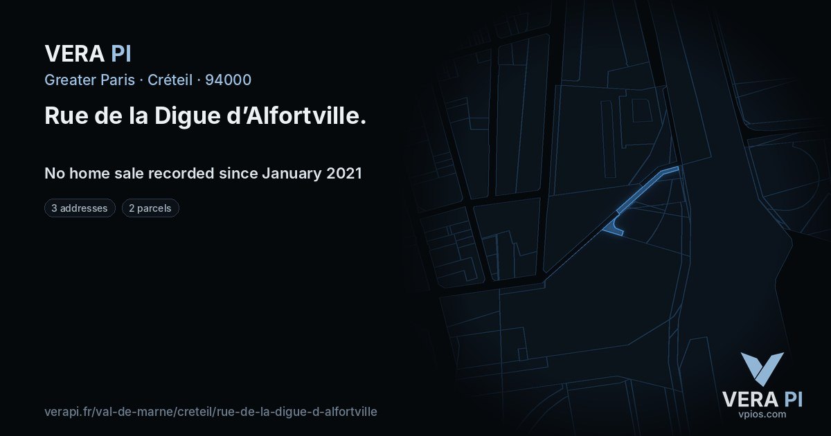Rue de la Digue d’Alfortville, Créteil at night – every parcel coloured by the prices around it, the street's own parcels lit