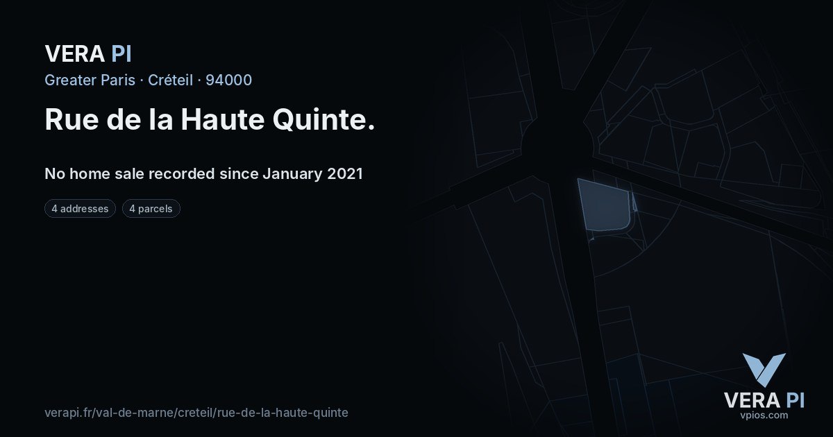 Rue de la Haute Quinte, Créteil at night – every parcel coloured by the prices around it, the street's own parcels lit