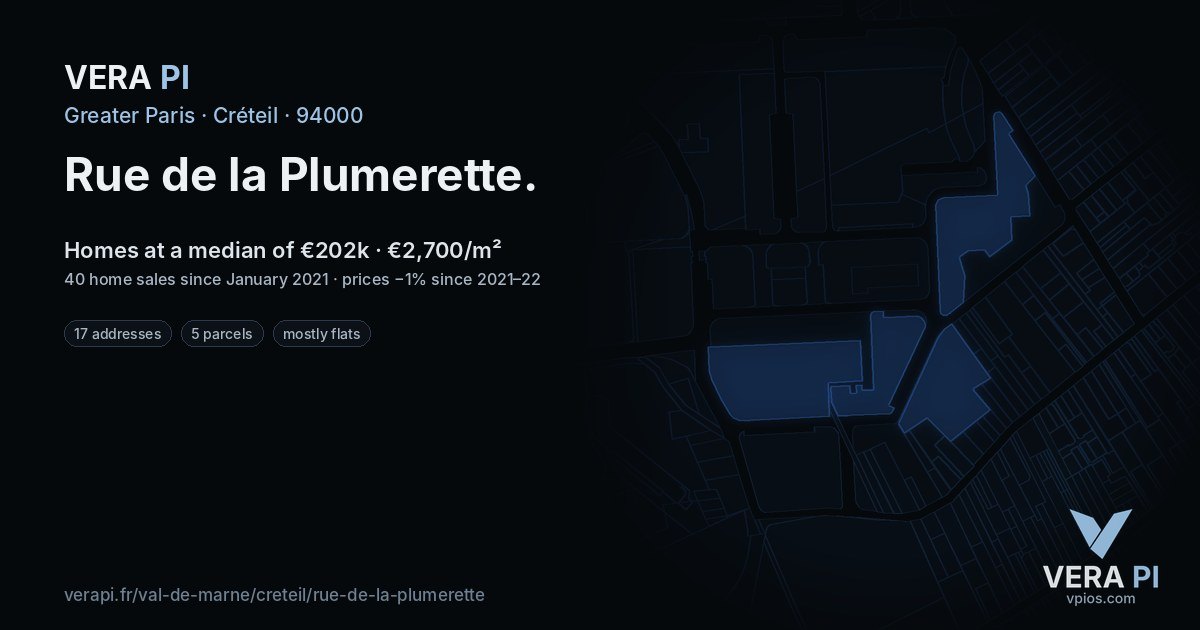 Rue de la Plumerette, Créteil at night – every parcel coloured by the prices around it, the street's own parcels lit