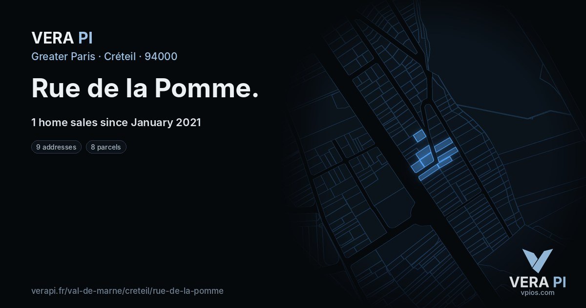 Rue de la Pomme, Créteil at night – every parcel coloured by the prices around it, the street's own parcels lit
