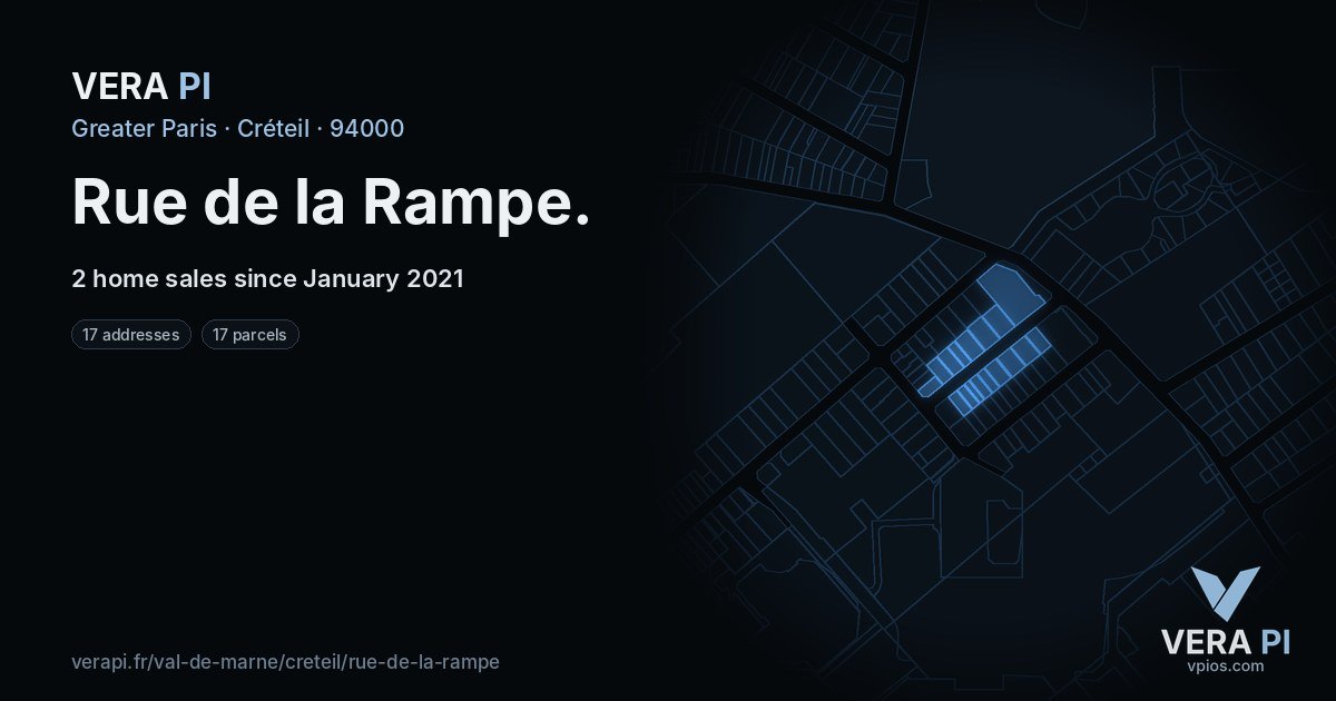 Rue de la Rampe, Créteil at night – every parcel coloured by the prices around it, the street's own parcels lit