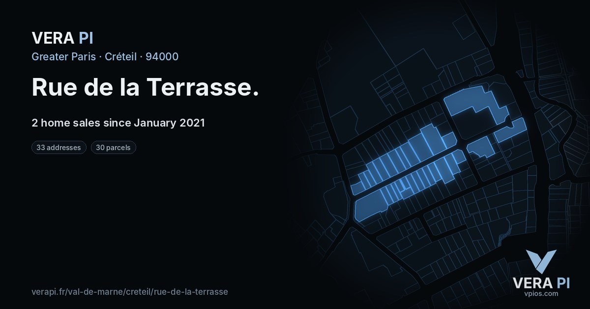 Rue de la Terrasse, Créteil at night – every parcel coloured by the prices around it, the street's own parcels lit