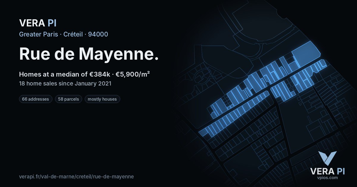 Rue de Mayenne, Créteil at night – every parcel coloured by the prices around it, the street's own parcels lit