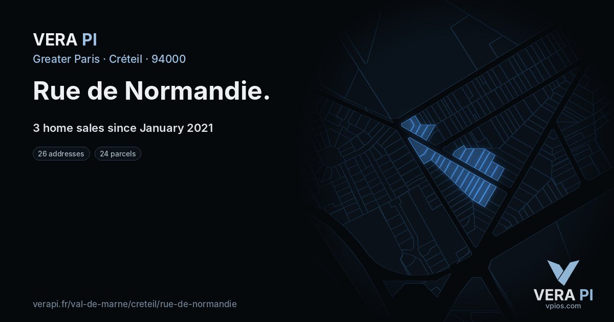 Rue de Normandie, Créteil at night – every parcel coloured by the prices around it, the street's own parcels lit