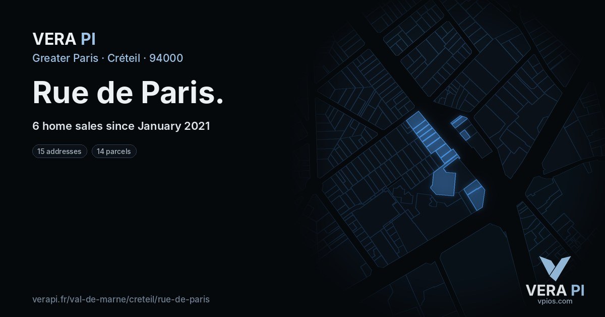 Rue de Paris, Créteil at night – every parcel coloured by the prices around it, the street's own parcels lit