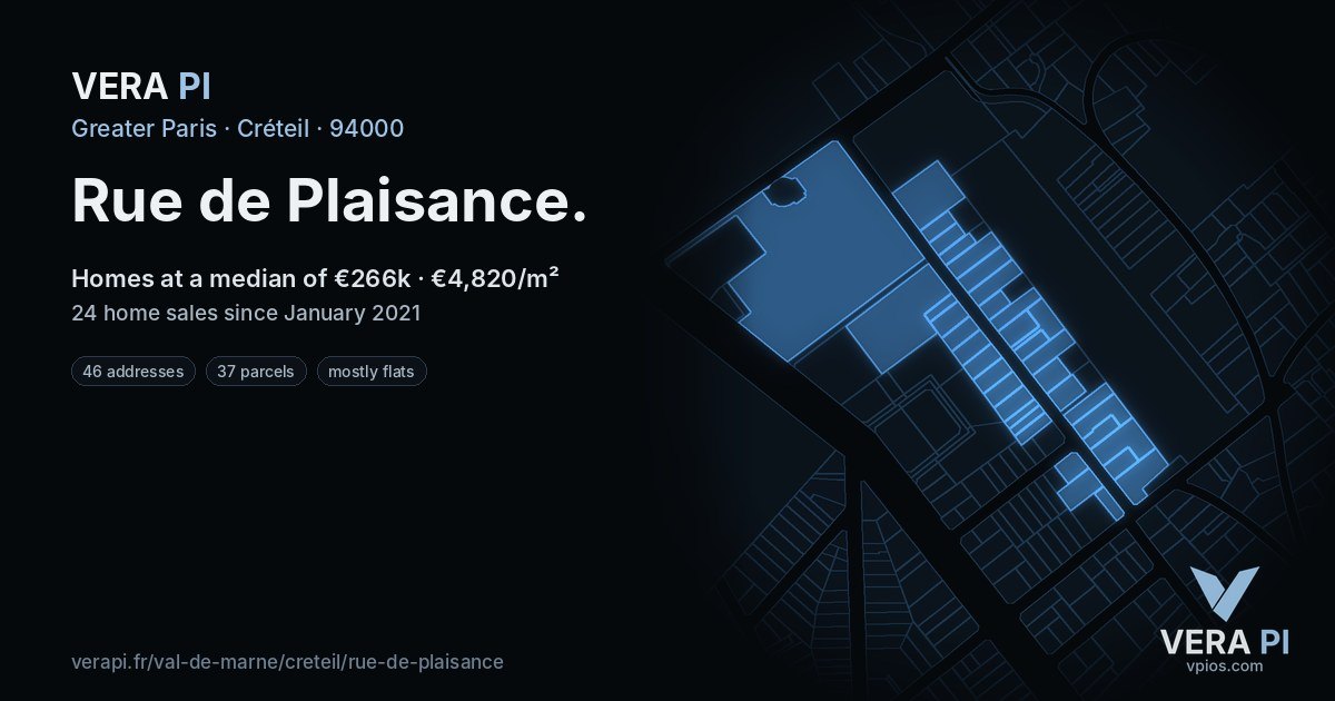 Rue de Plaisance, Créteil at night – every parcel coloured by the prices around it, the street's own parcels lit