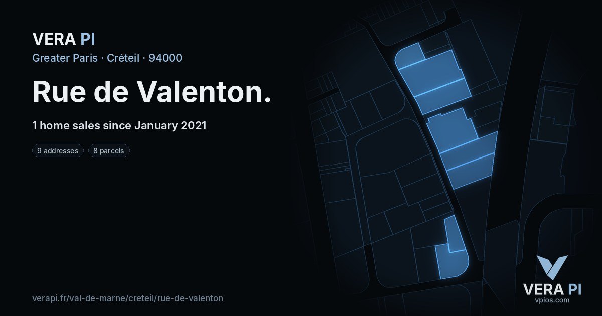 Rue de Valenton, Créteil at night – every parcel coloured by the prices around it, the street's own parcels lit