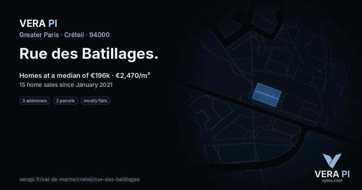 Rue des Batillages, Créteil at night – every parcel coloured by the prices around it, the street's own parcels lit