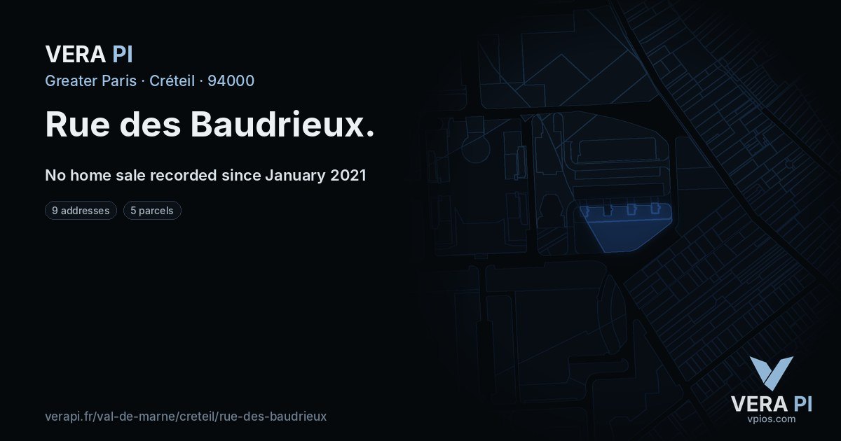 Rue des Baudrieux, Créteil at night – every parcel coloured by the prices around it, the street's own parcels lit