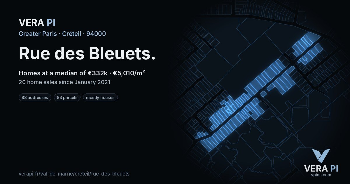 Rue des Bleuets, Créteil at night – every parcel coloured by the prices around it, the street's own parcels lit