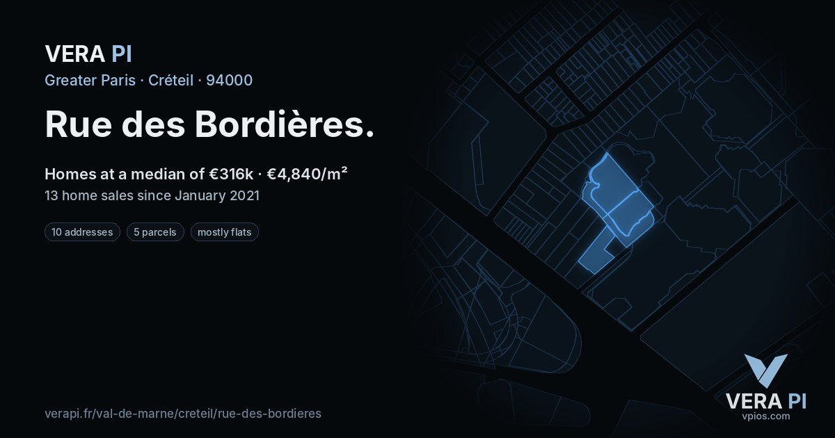 Rue des Bordières, Créteil at night – every parcel coloured by the prices around it, the street's own parcels lit