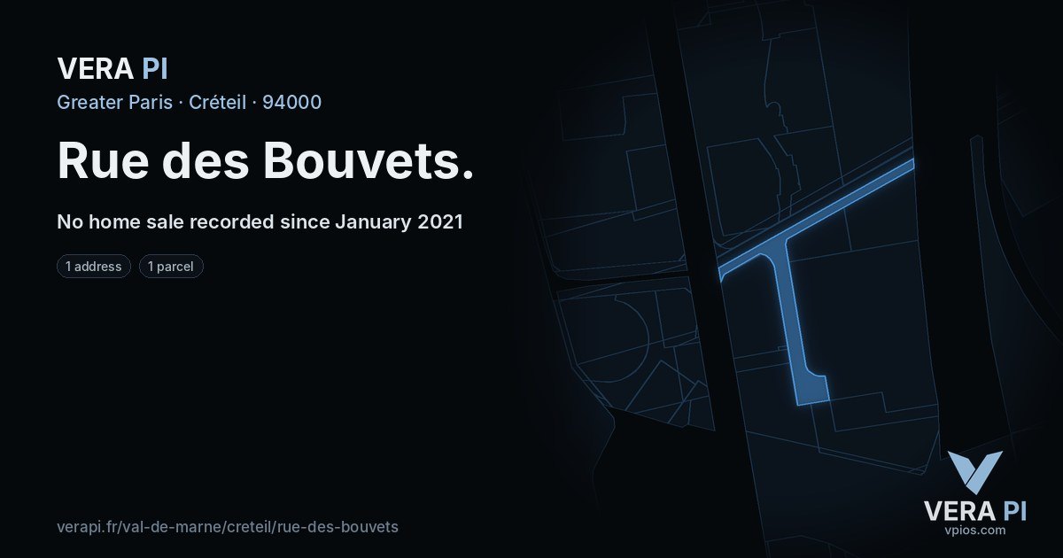 Rue des Bouvets, Créteil at night – every parcel coloured by the prices around it, the street's own parcels lit