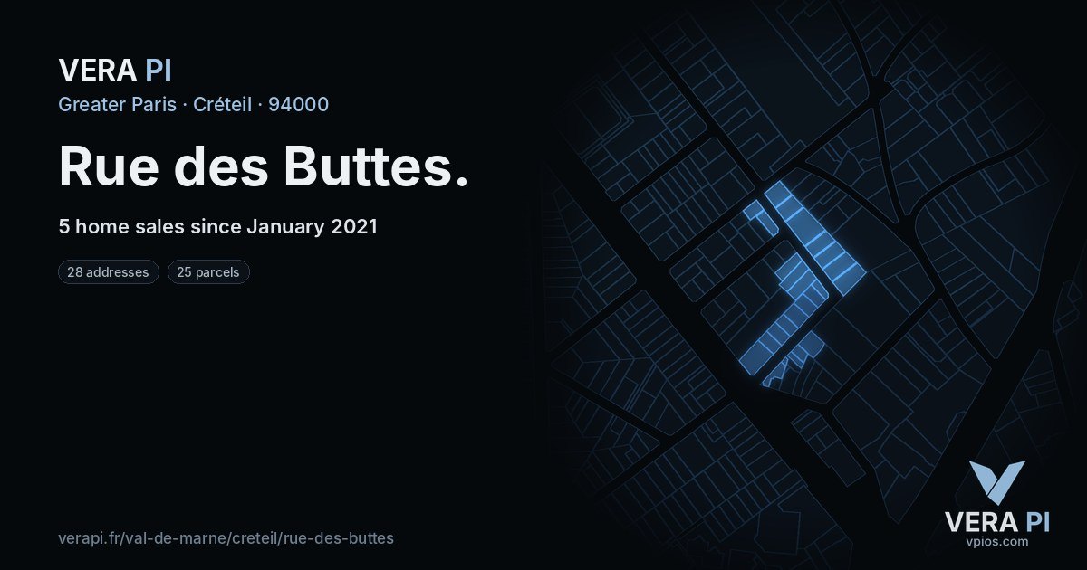 Rue des Buttes, Créteil at night – every parcel coloured by the prices around it, the street's own parcels lit