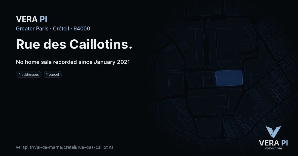 Rue des Caillotins, Créteil at night – every parcel coloured by the prices around it, the street's own parcels lit