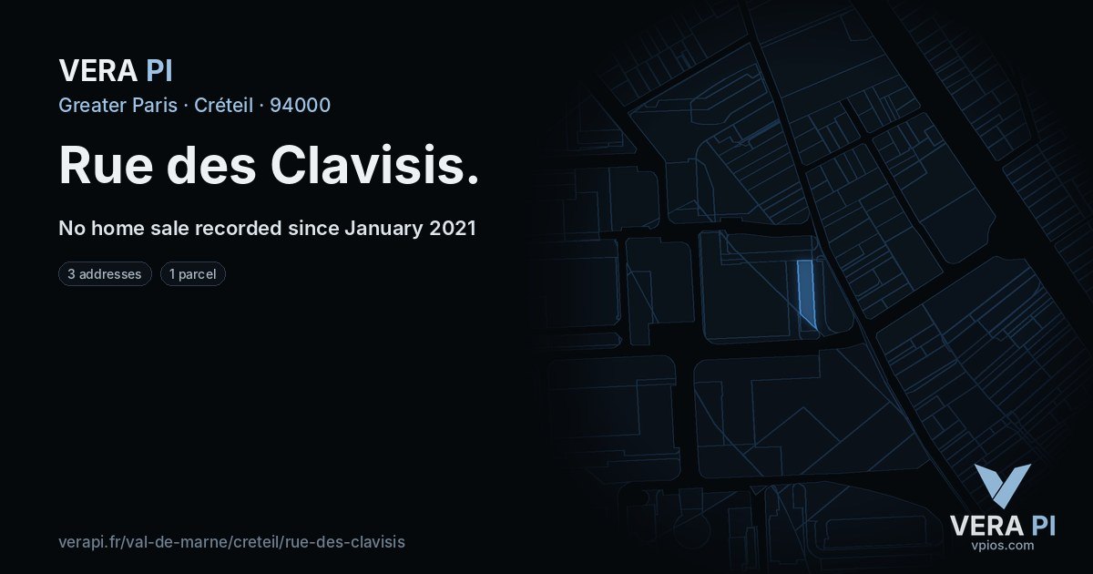 Rue des Clavisis, Créteil at night – every parcel coloured by the prices around it, the street's own parcels lit
