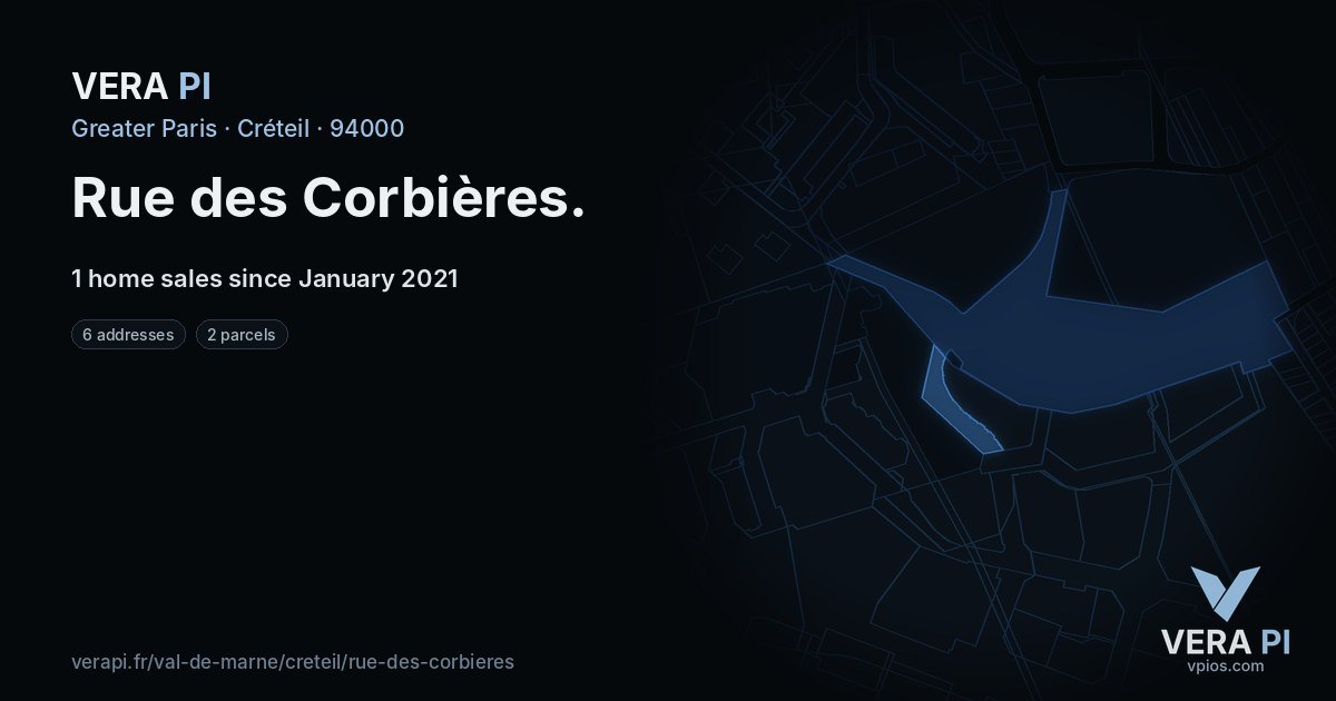 Rue des Corbières, Créteil at night – every parcel coloured by the prices around it, the street's own parcels lit