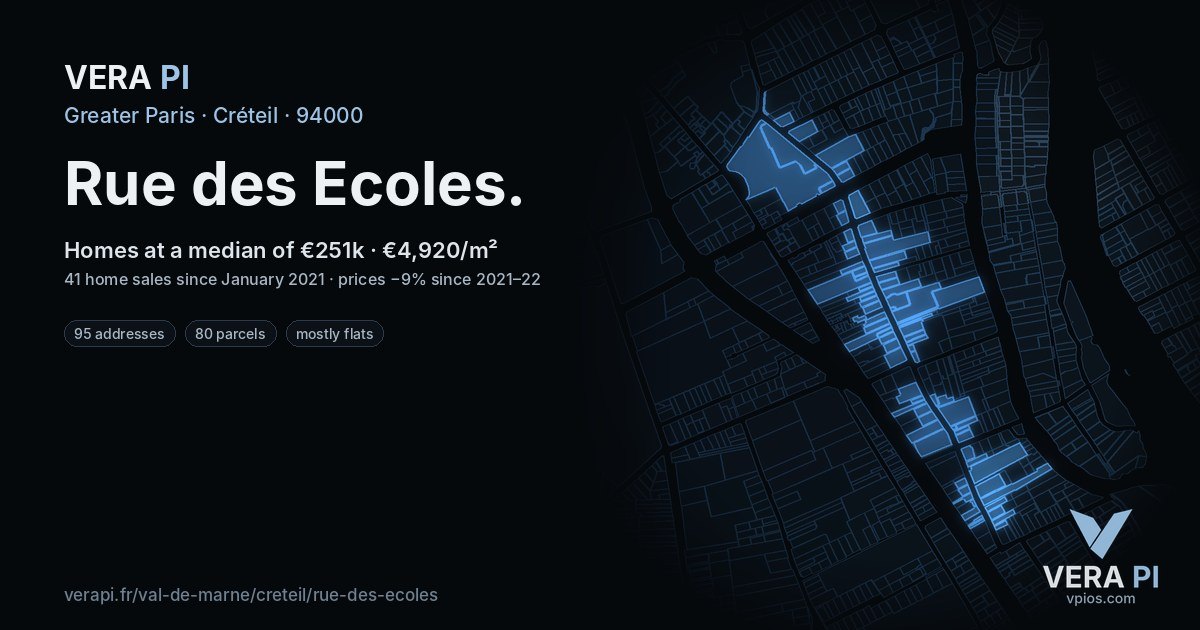 Rue des Ecoles, Créteil at night – every parcel coloured by the prices around it, the street's own parcels lit