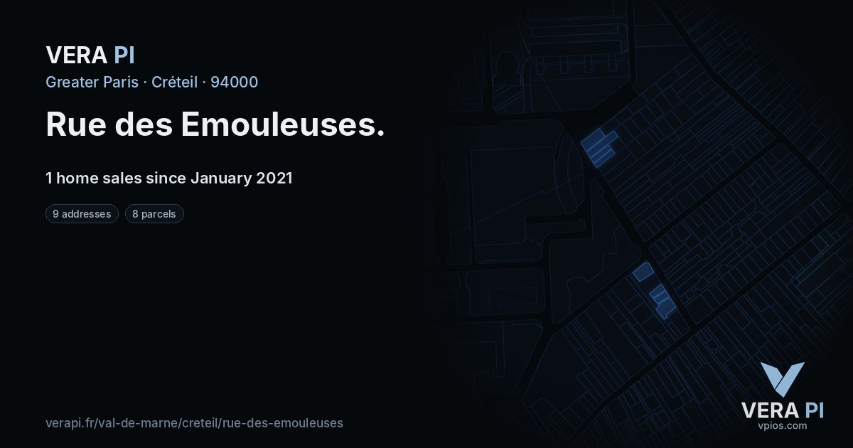 Rue des Emouleuses, Créteil at night – every parcel coloured by the prices around it, the street's own parcels lit