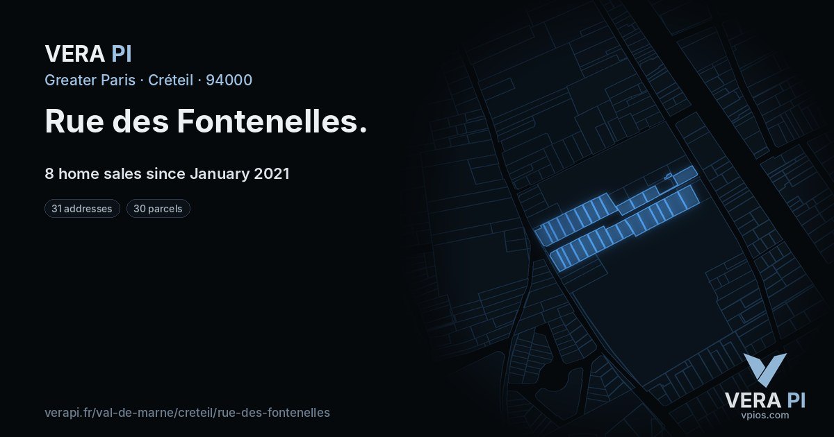 Rue des Fontenelles, Créteil at night – every parcel coloured by the prices around it, the street's own parcels lit