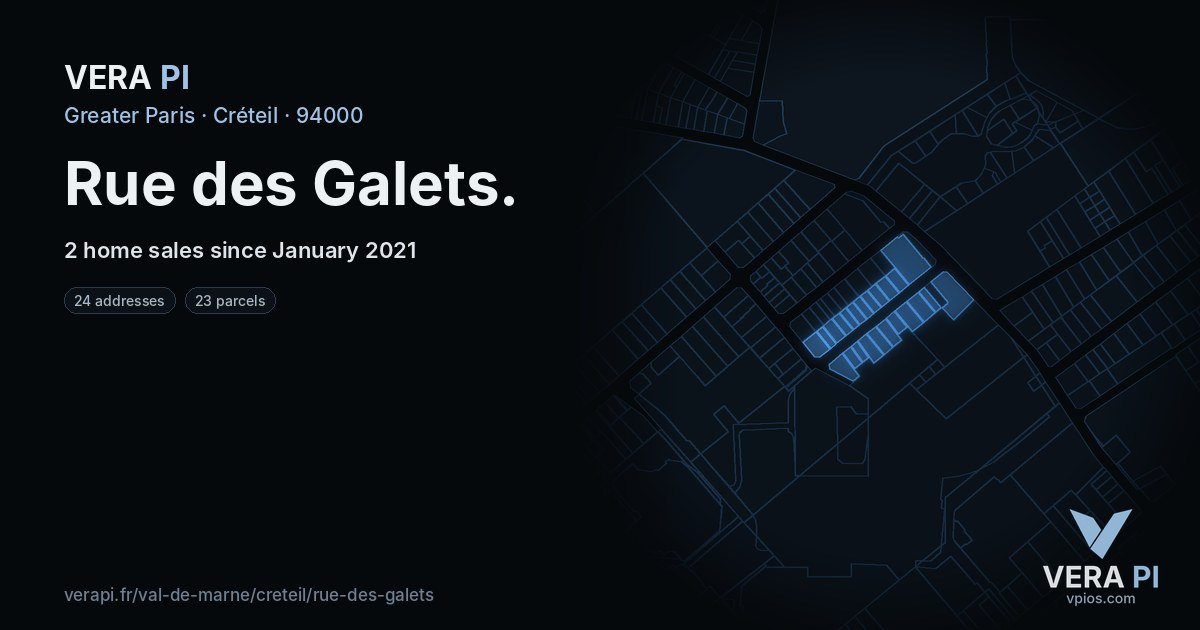 Rue des Galets, Créteil at night – every parcel coloured by the prices around it, the street's own parcels lit
