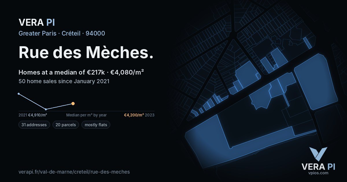 Rue des Mèches, Créteil at night – every parcel coloured by the prices around it, the street's own parcels lit