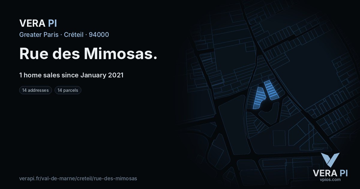 Rue des Mimosas, Créteil at night – every parcel coloured by the prices around it, the street's own parcels lit