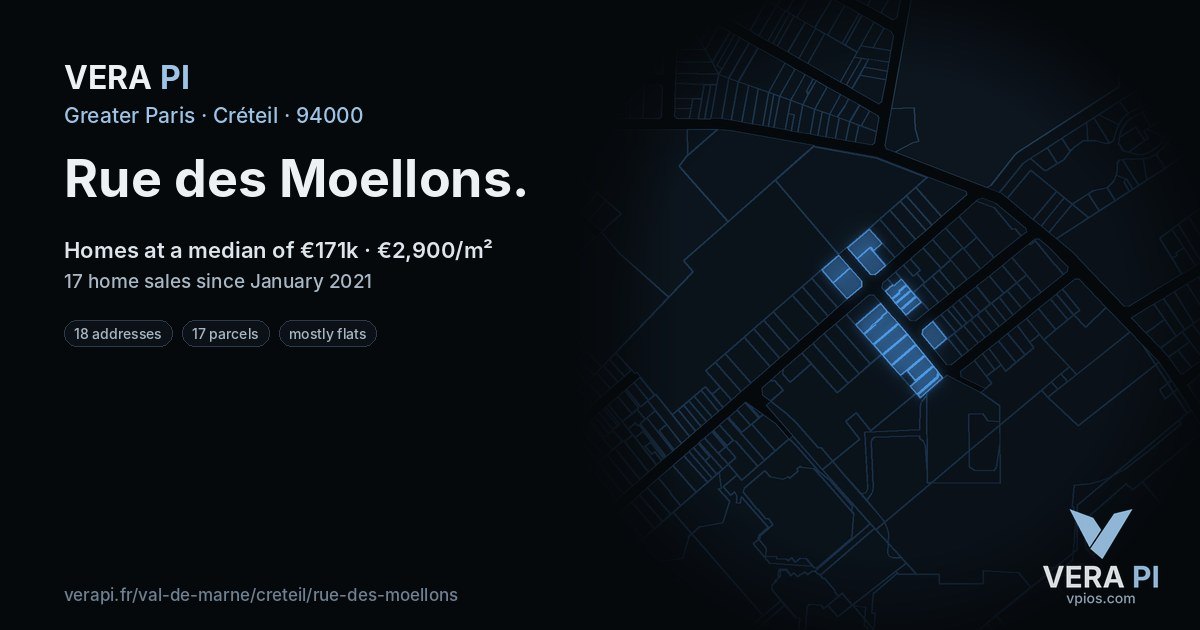 Rue des Moellons, Créteil at night – every parcel coloured by the prices around it, the street's own parcels lit