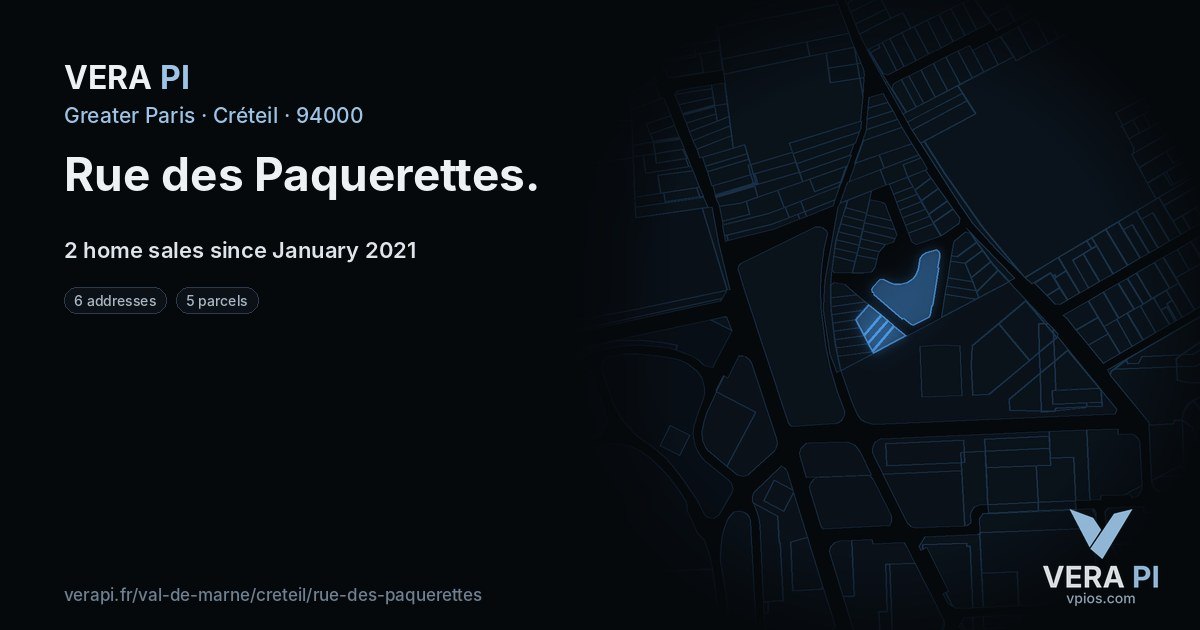 Rue des Paquerettes, Créteil at night – every parcel coloured by the prices around it, the street's own parcels lit