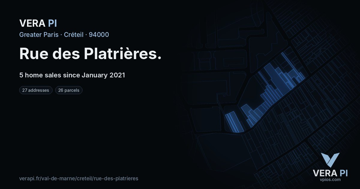 Rue des Platrières, Créteil at night – every parcel coloured by the prices around it, the street's own parcels lit