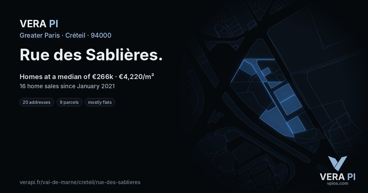 Rue des Sablières, Créteil at night – every parcel coloured by the prices around it, the street's own parcels lit