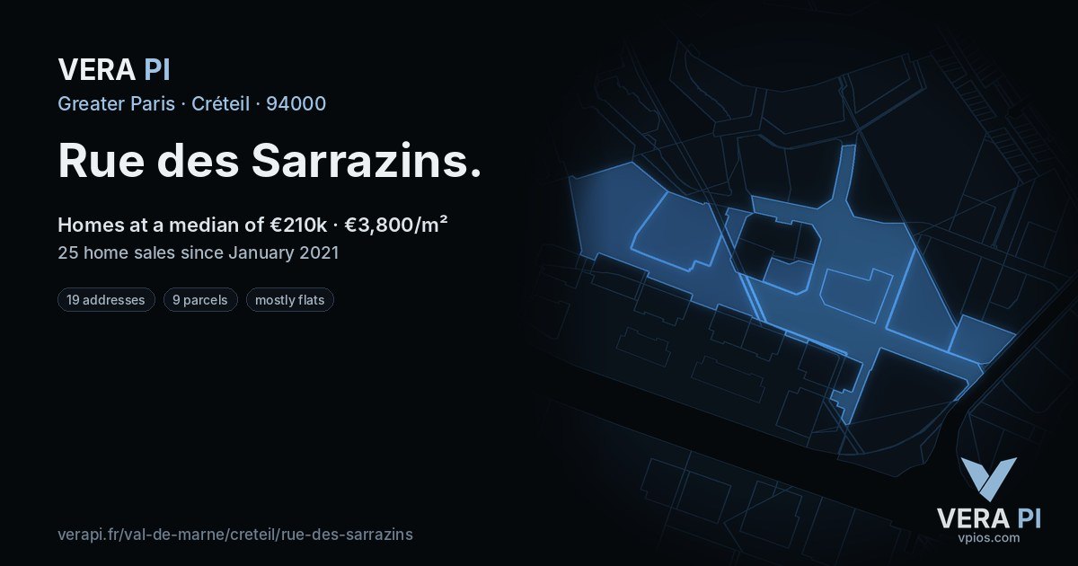 Rue des Sarrazins, Créteil at night – every parcel coloured by the prices around it, the street's own parcels lit