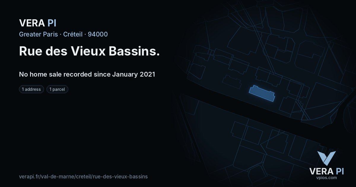Rue des Vieux Bassins, Créteil at night – every parcel coloured by the prices around it, the street's own parcels lit