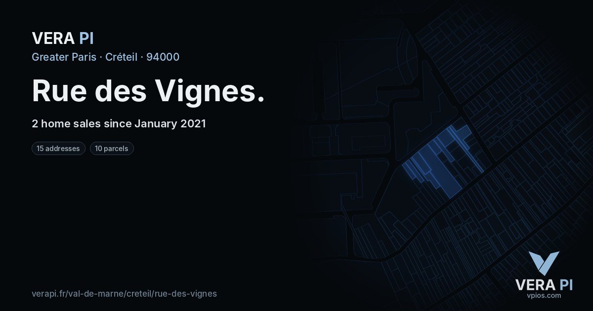 Rue des Vignes, Créteil at night – every parcel coloured by the prices around it, the street's own parcels lit