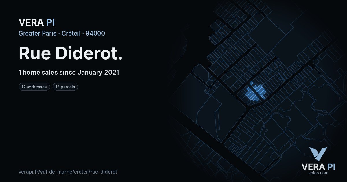 Rue Diderot, Créteil at night – every parcel coloured by the prices around it, the street's own parcels lit