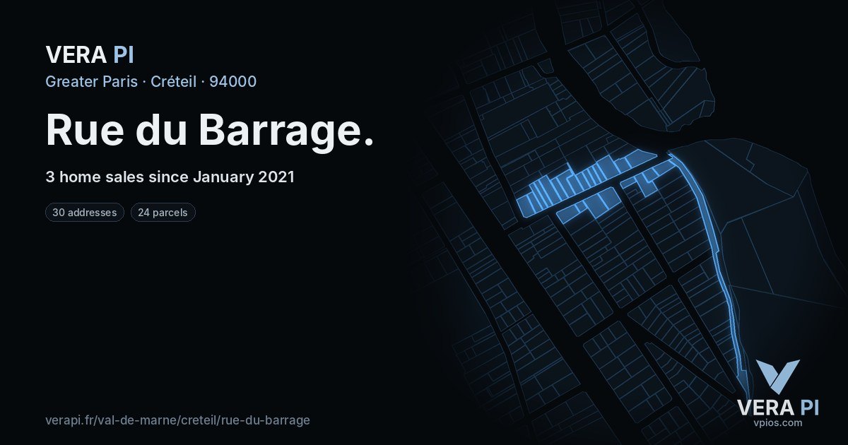 Rue du Barrage, Créteil at night – every parcel coloured by the prices around it, the street's own parcels lit