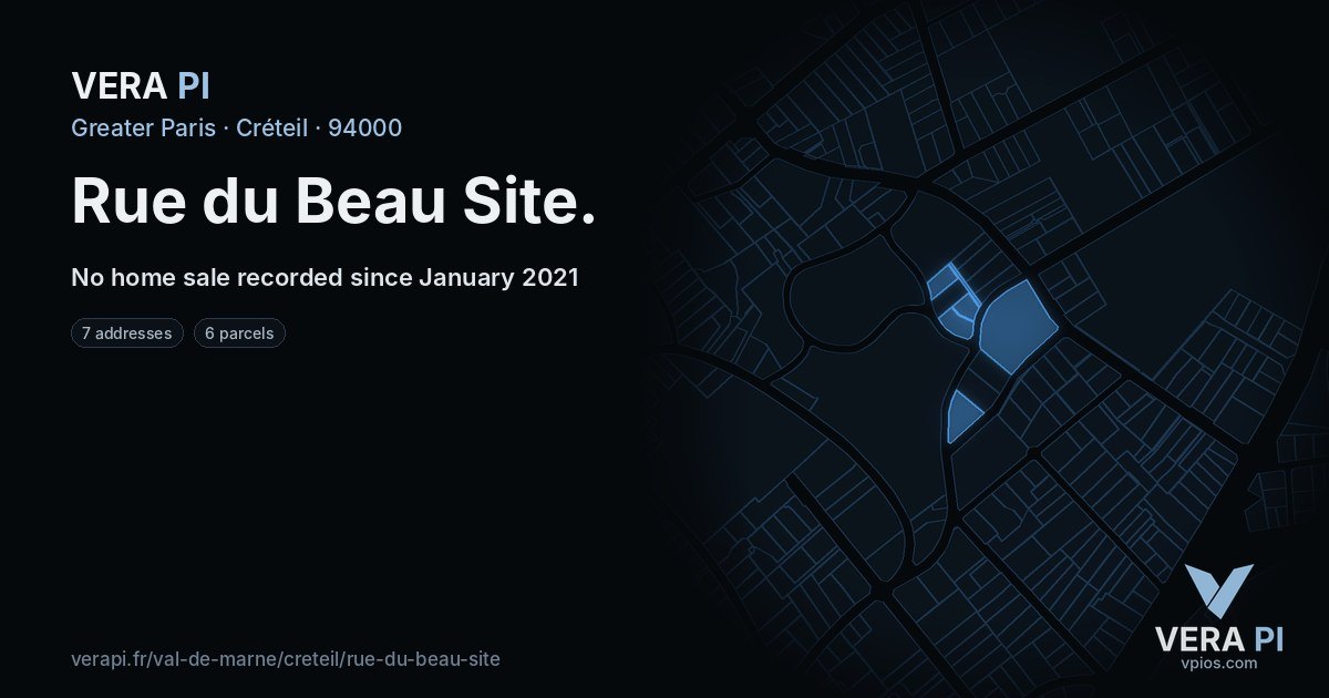 Rue du Beau Site, Créteil at night – every parcel coloured by the prices around it, the street's own parcels lit