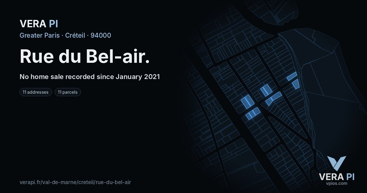 Rue du Bel-air, Créteil at night – every parcel coloured by the prices around it, the street's own parcels lit