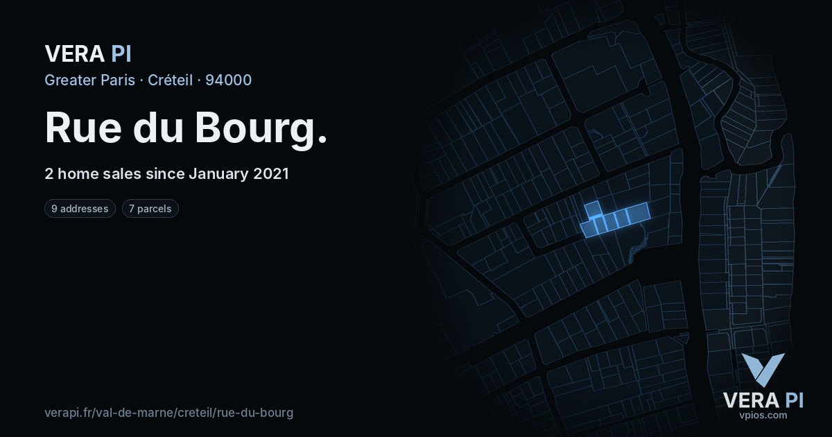 Rue du Bourg, Créteil at night – every parcel coloured by the prices around it, the street's own parcels lit