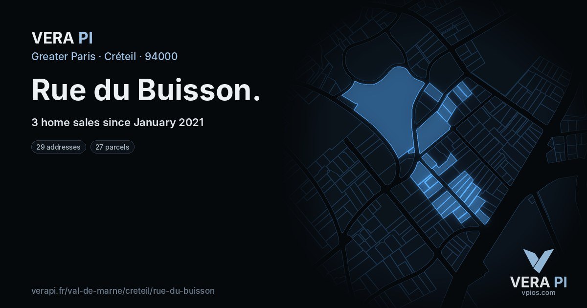 Rue du Buisson, Créteil at night – every parcel coloured by the prices around it, the street's own parcels lit