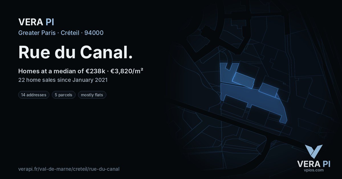 Rue du Canal, Créteil at night – every parcel coloured by the prices around it, the street's own parcels lit