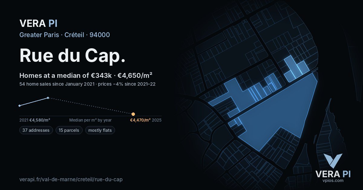 Rue du Cap, Créteil at night – every parcel coloured by the prices around it, the street's own parcels lit