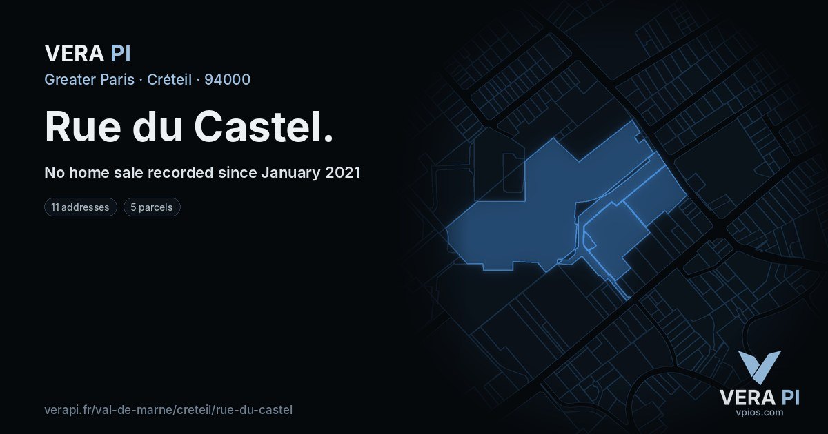 Rue du Castel, Créteil at night – every parcel coloured by the prices around it, the street's own parcels lit