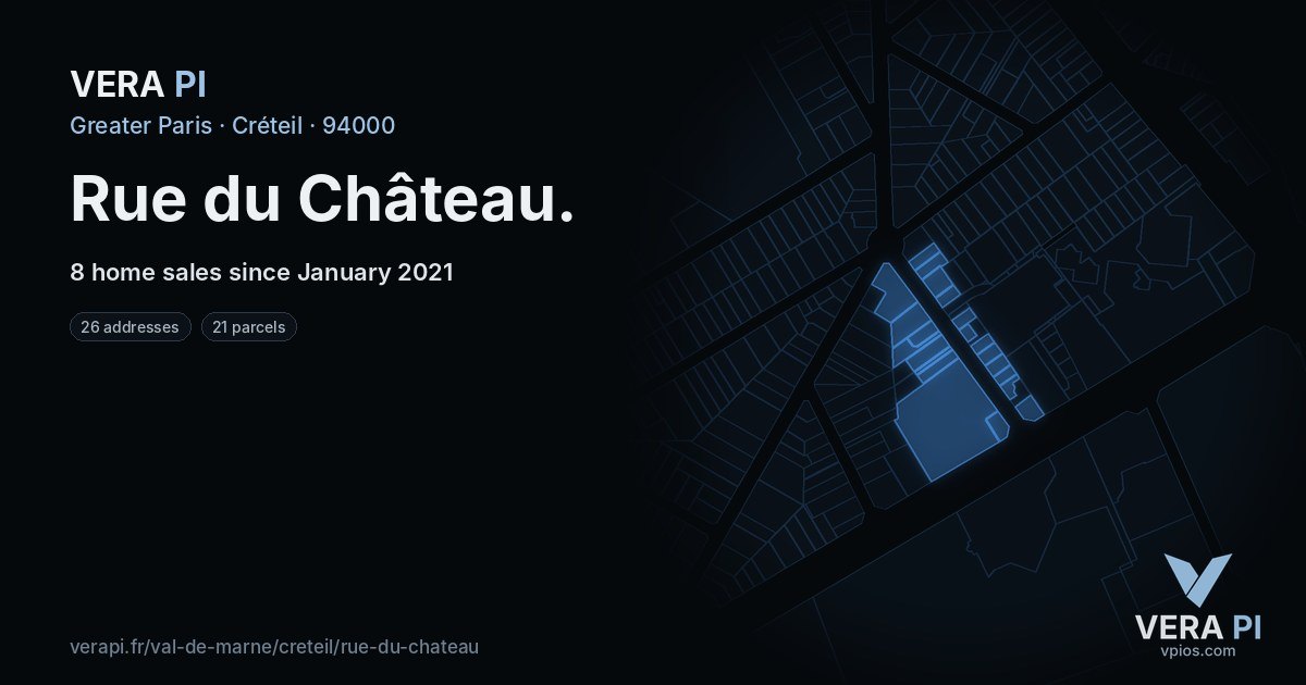 Rue du Château, Créteil at night – every parcel coloured by the prices around it, the street's own parcels lit