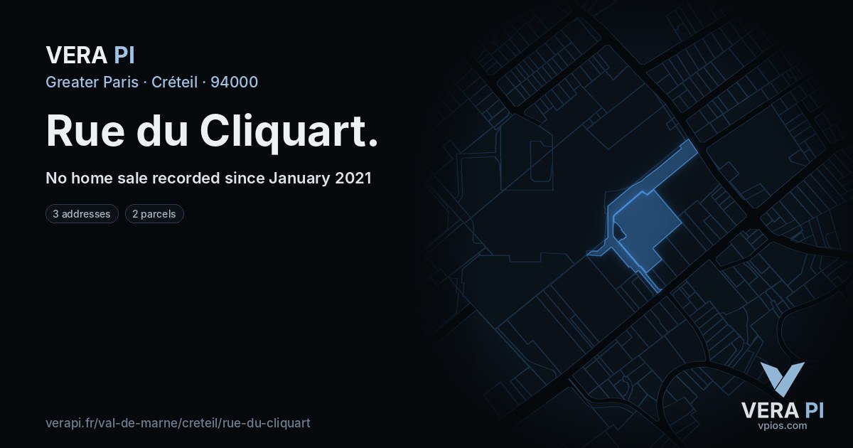 Rue du Cliquart, Créteil at night – every parcel coloured by the prices around it, the street's own parcels lit