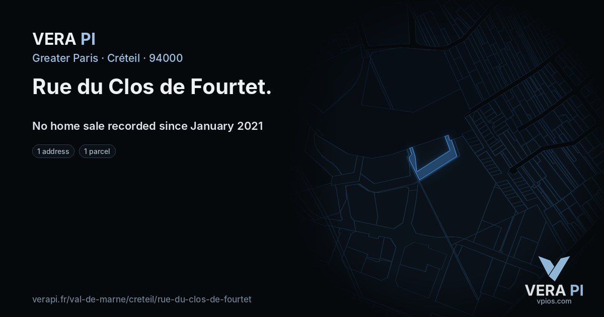 Rue du Clos de Fourtet, Créteil at night – every parcel coloured by the prices around it, the street's own parcels lit